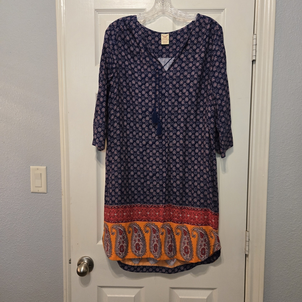 Faded Glory Navy Blue Midi Dress (8-10),with Red and Yellow Paisley Border